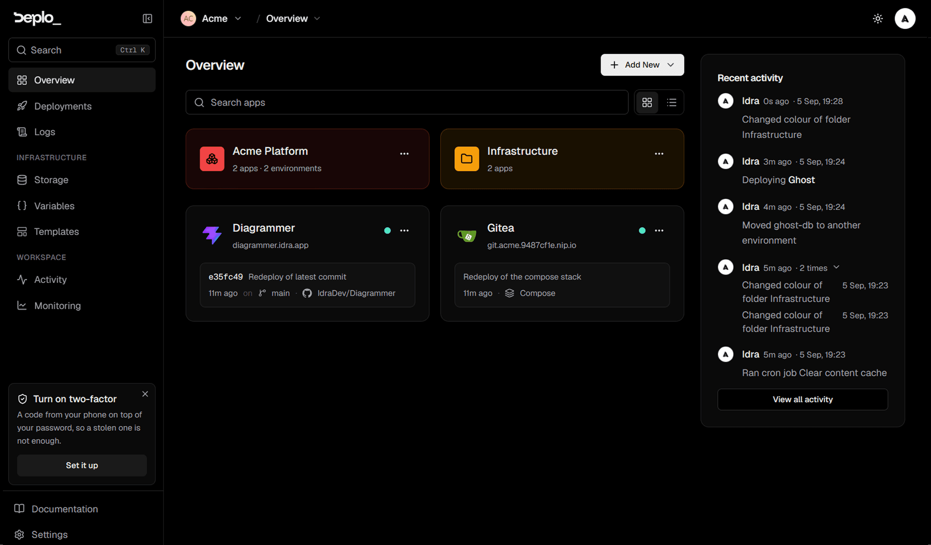The Deplo dashboard