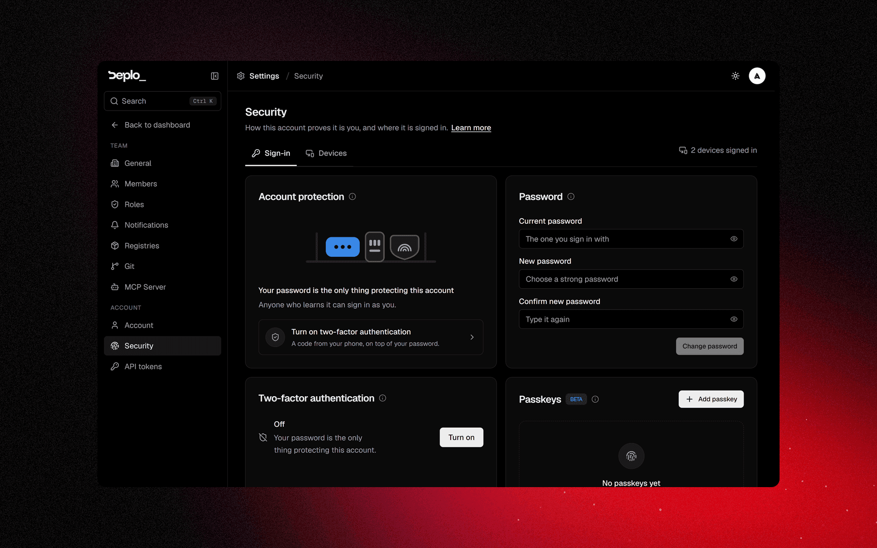 Settings -> Security: password, two-factor and passkeys on one page
