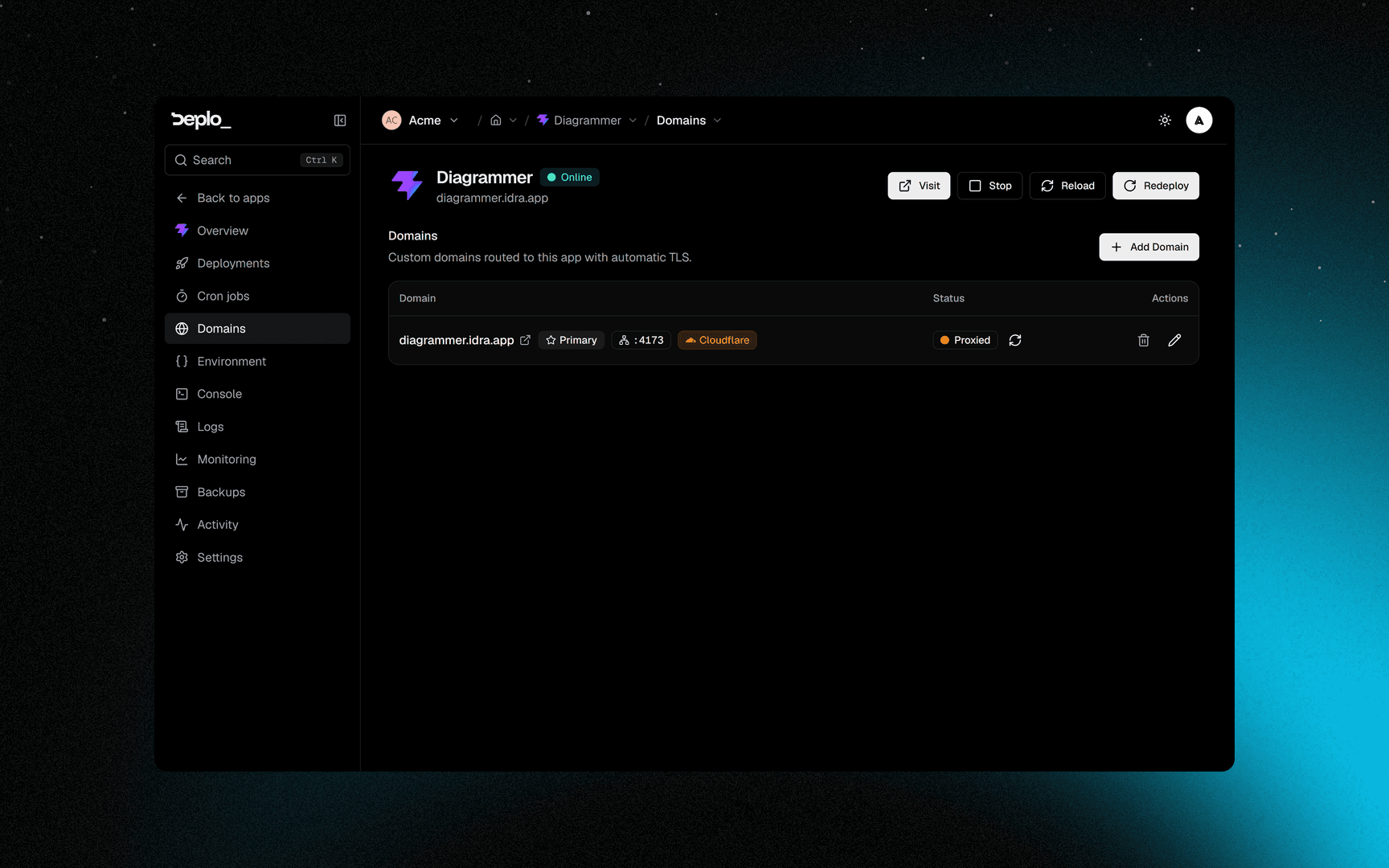 The Domains tab of an app