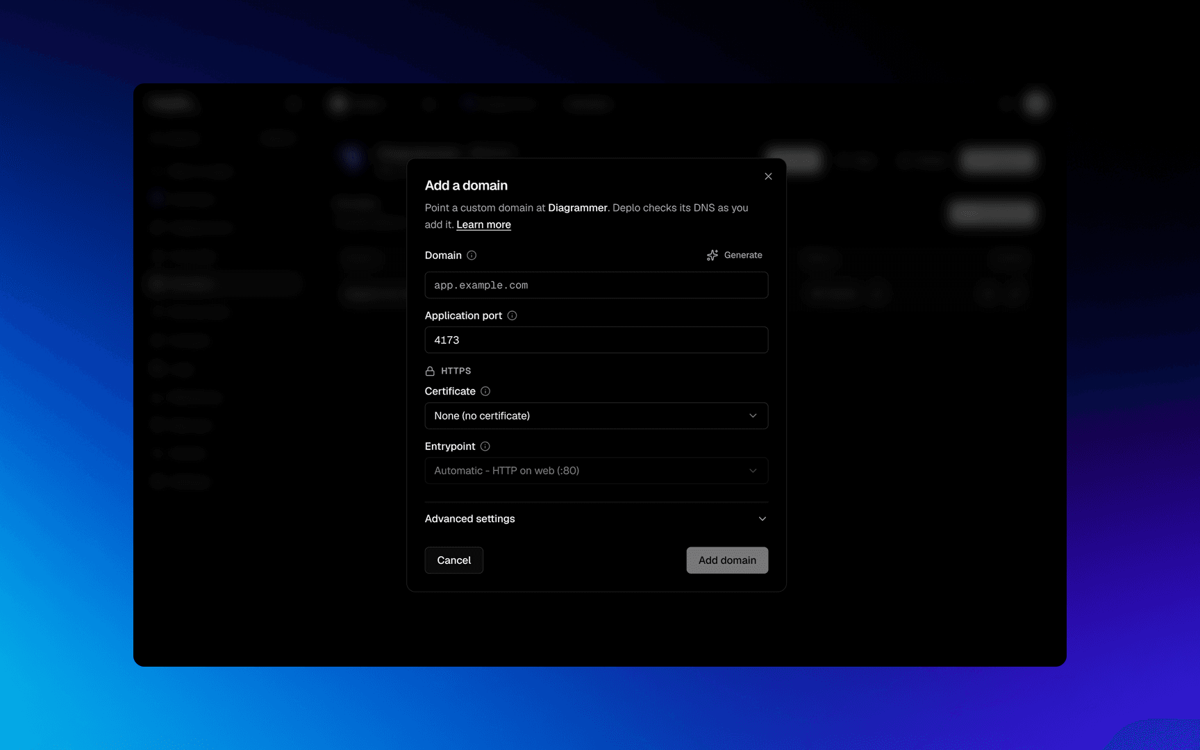 The Add a domain dialog with the DNS check