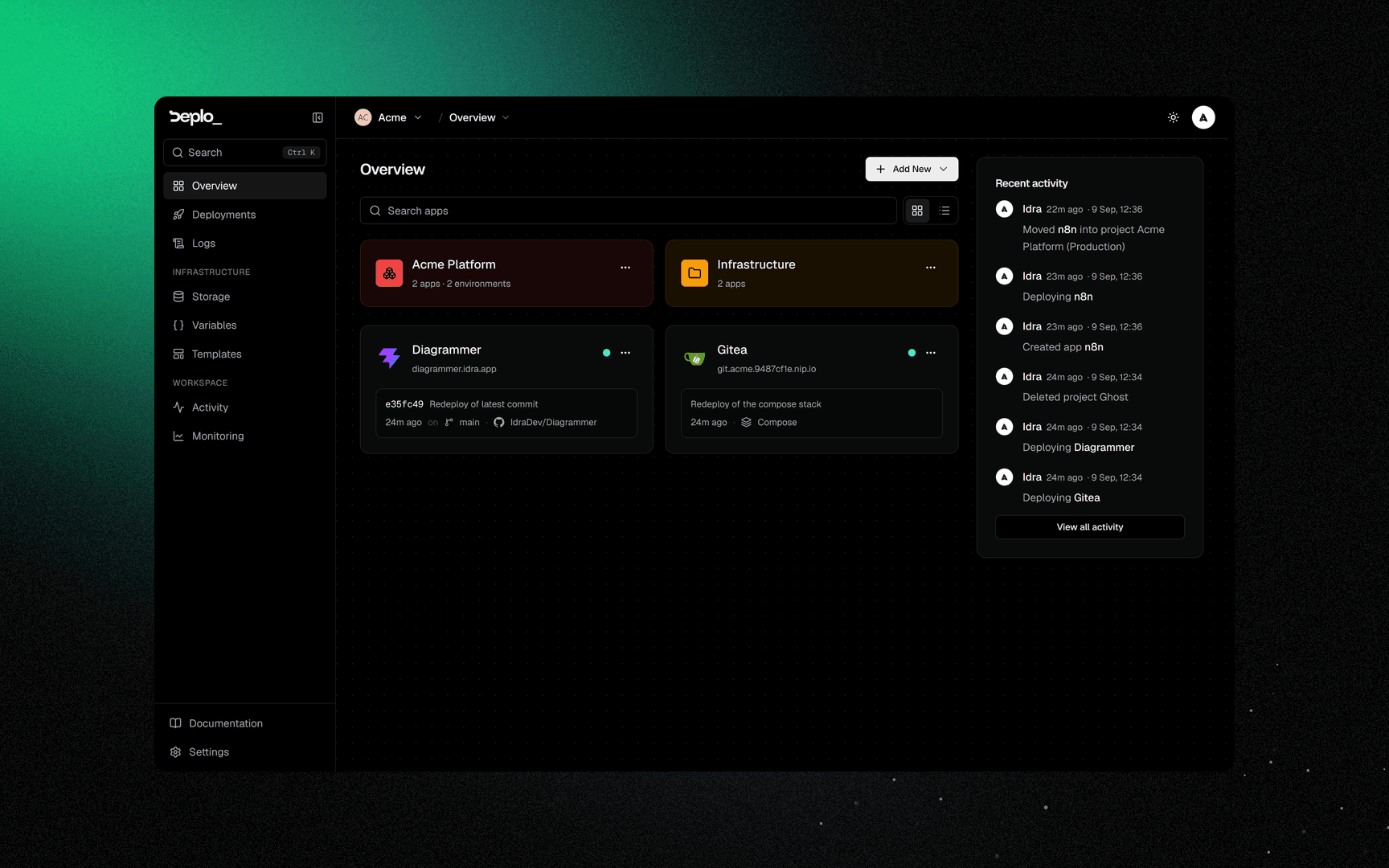 The overview with apps, folders and projects side by side