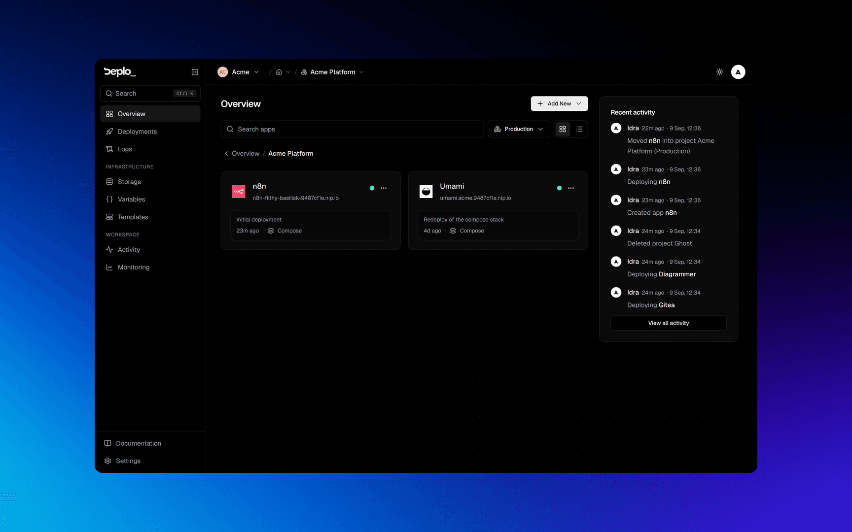 One project filtered on the overview, its environments and apps