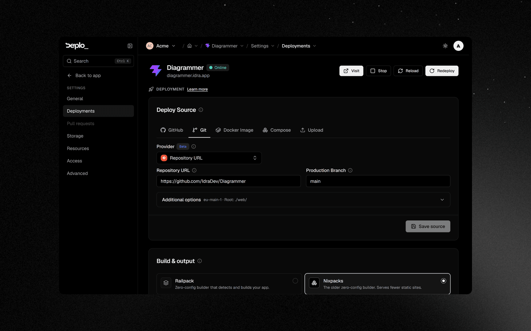The repository and production branch that decide what a push deploys