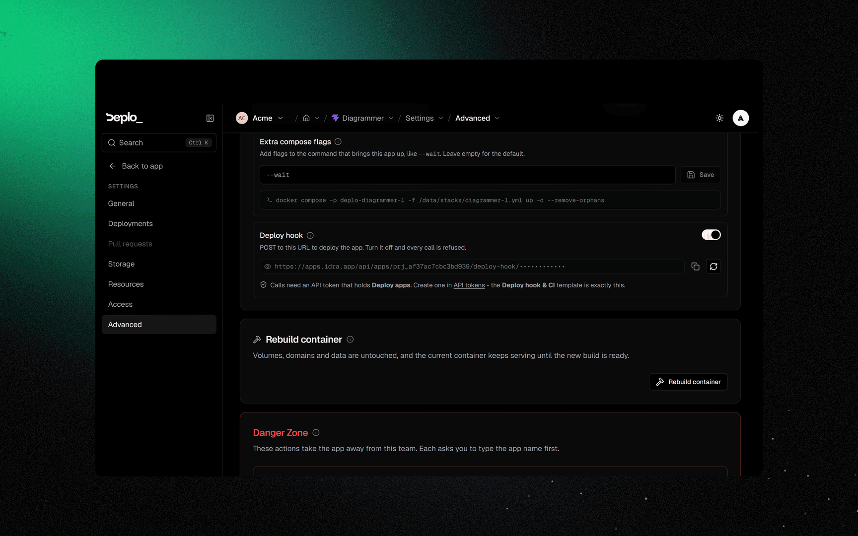 The deploy hook URL with its rotate control