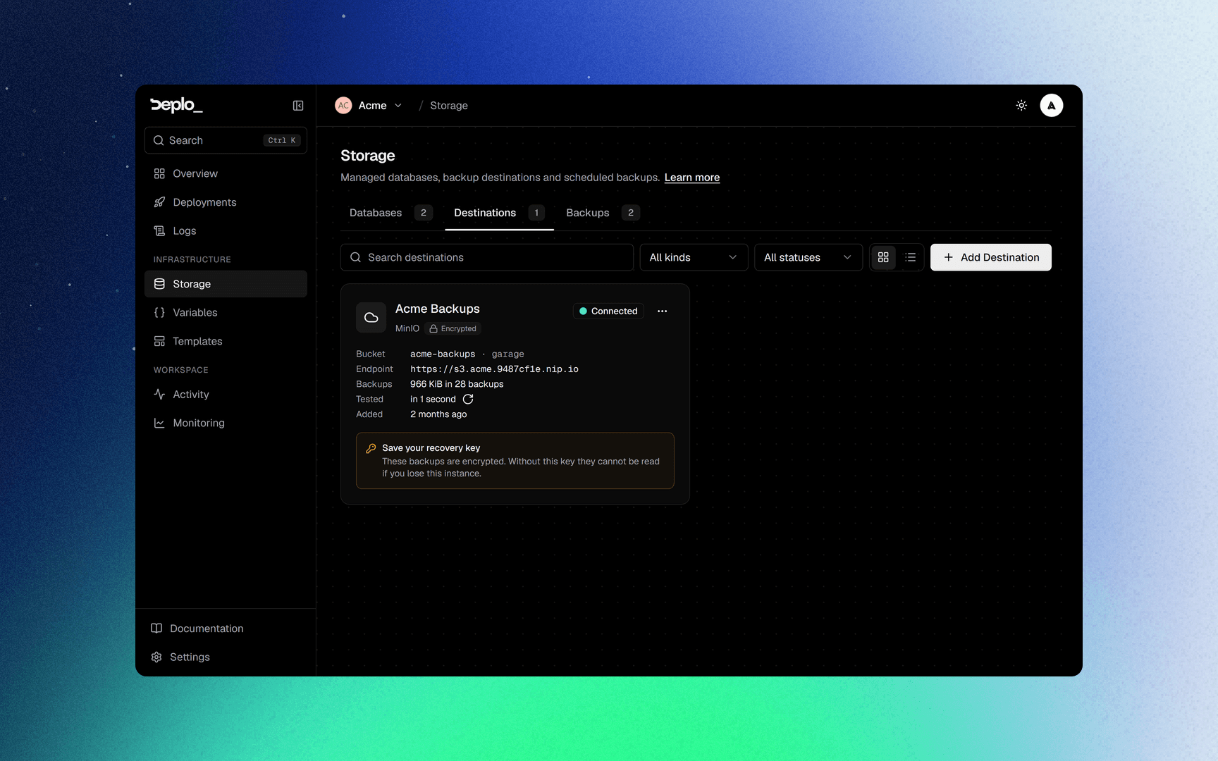 Storage -> Destinations: an S3 destination with its bucket, endpoint and the recovery key notice