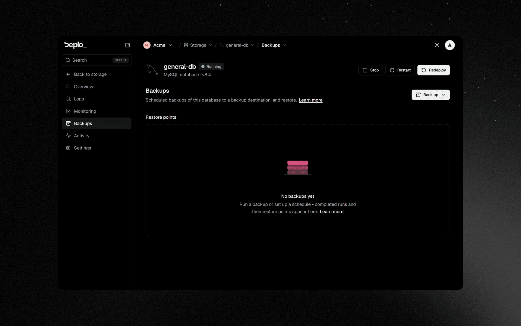 A database with no backup yet, the empty state 'Schedule a backup' starts from