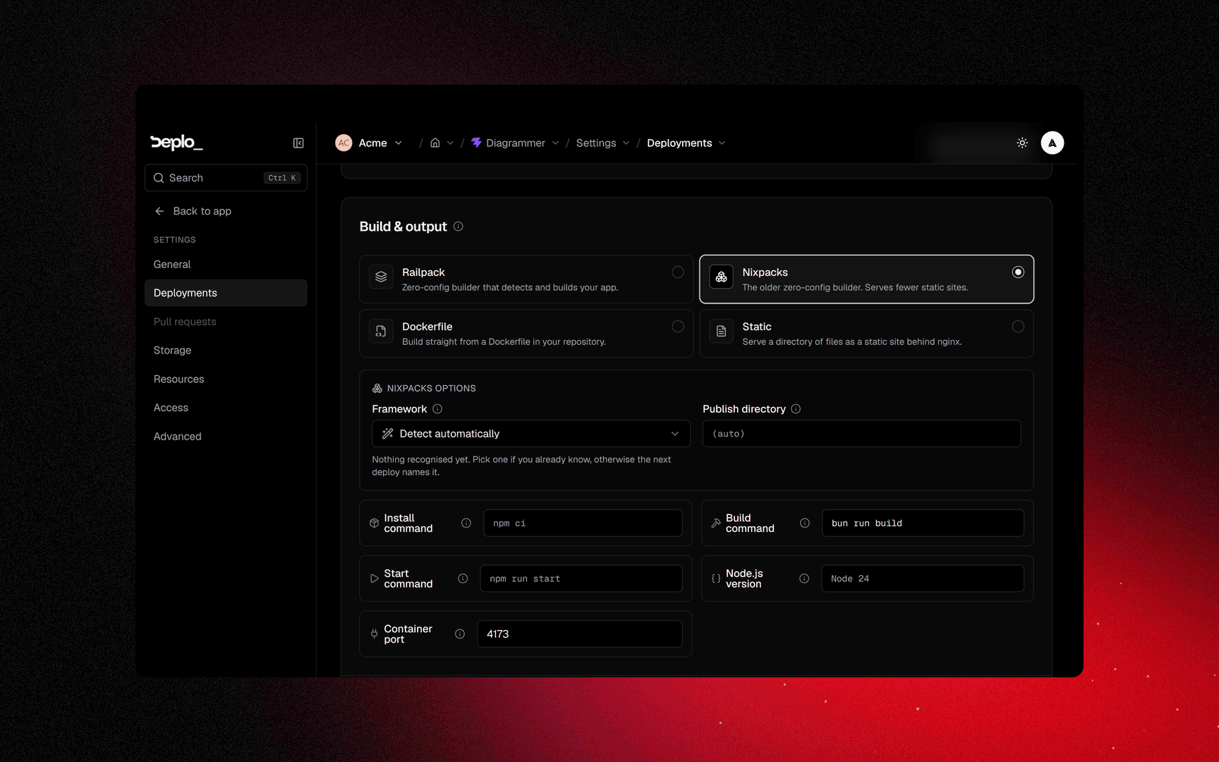 The four build methods on Settings -> Deployment