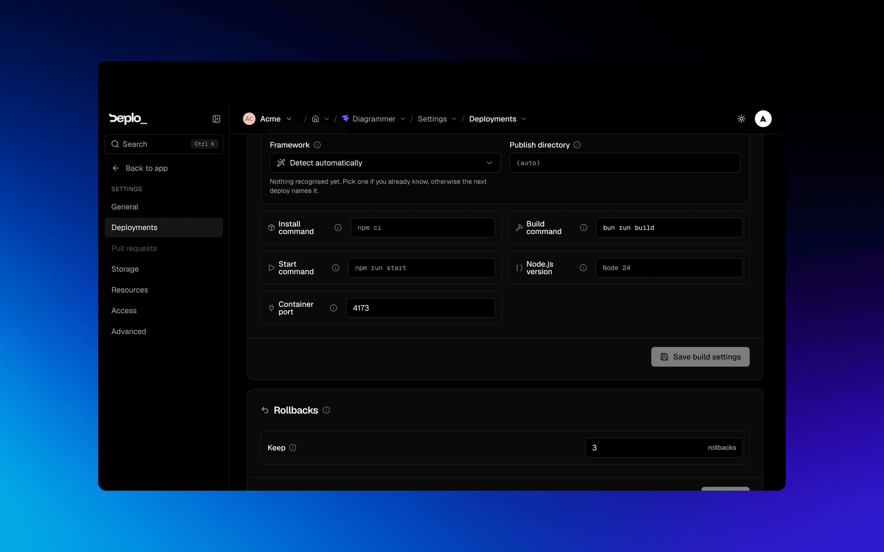 Publish directory, install and build commands, container port