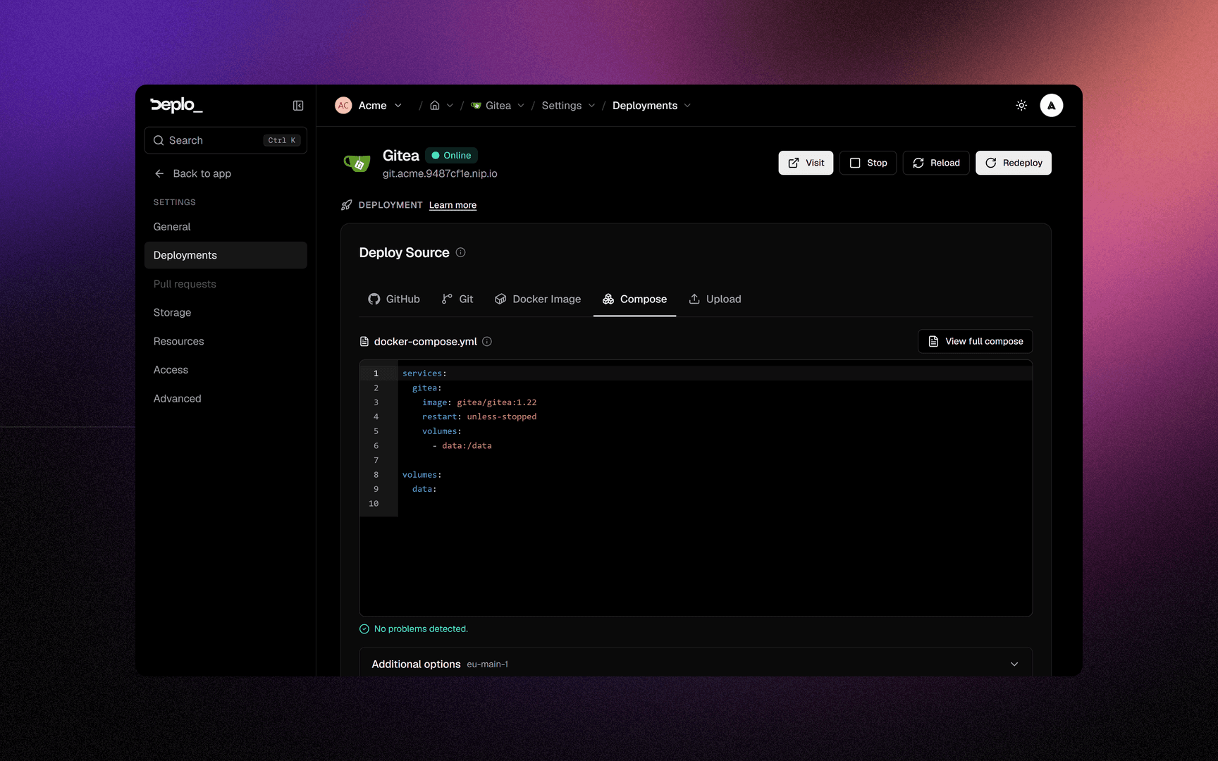 Settings -> Deployment of a running Compose app, with 'View full compose'