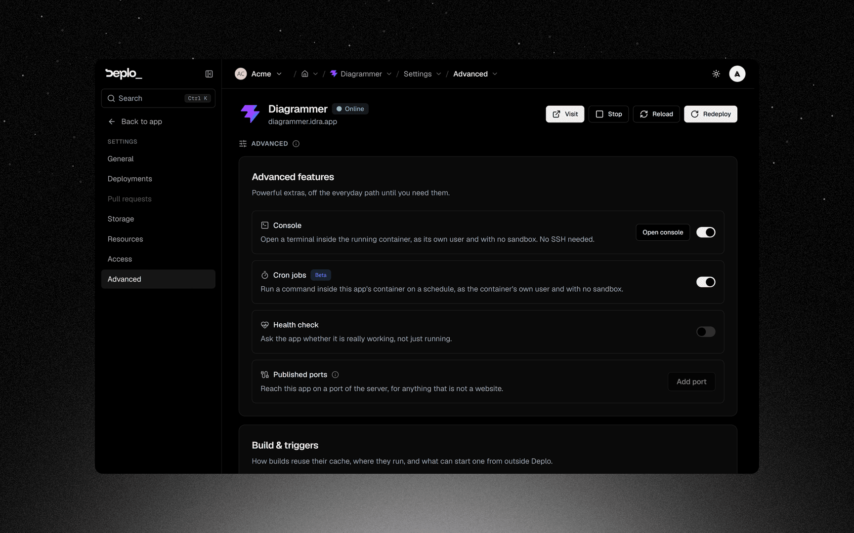 Settings -> Advanced, where the console is switched on per app