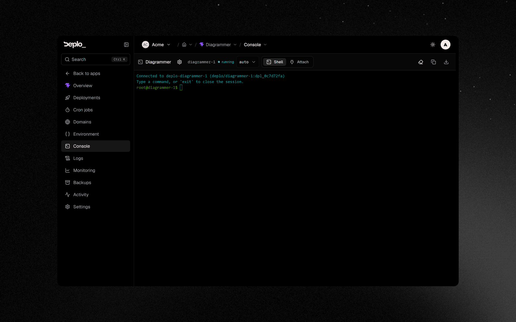 The terminal itself, running inside the container over the agent