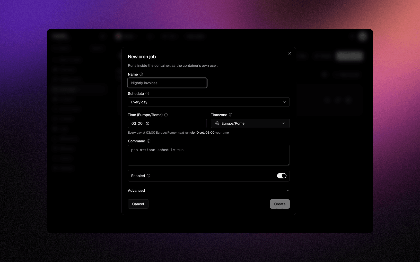 The New cron job dialog: schedule, timezone, next run and command