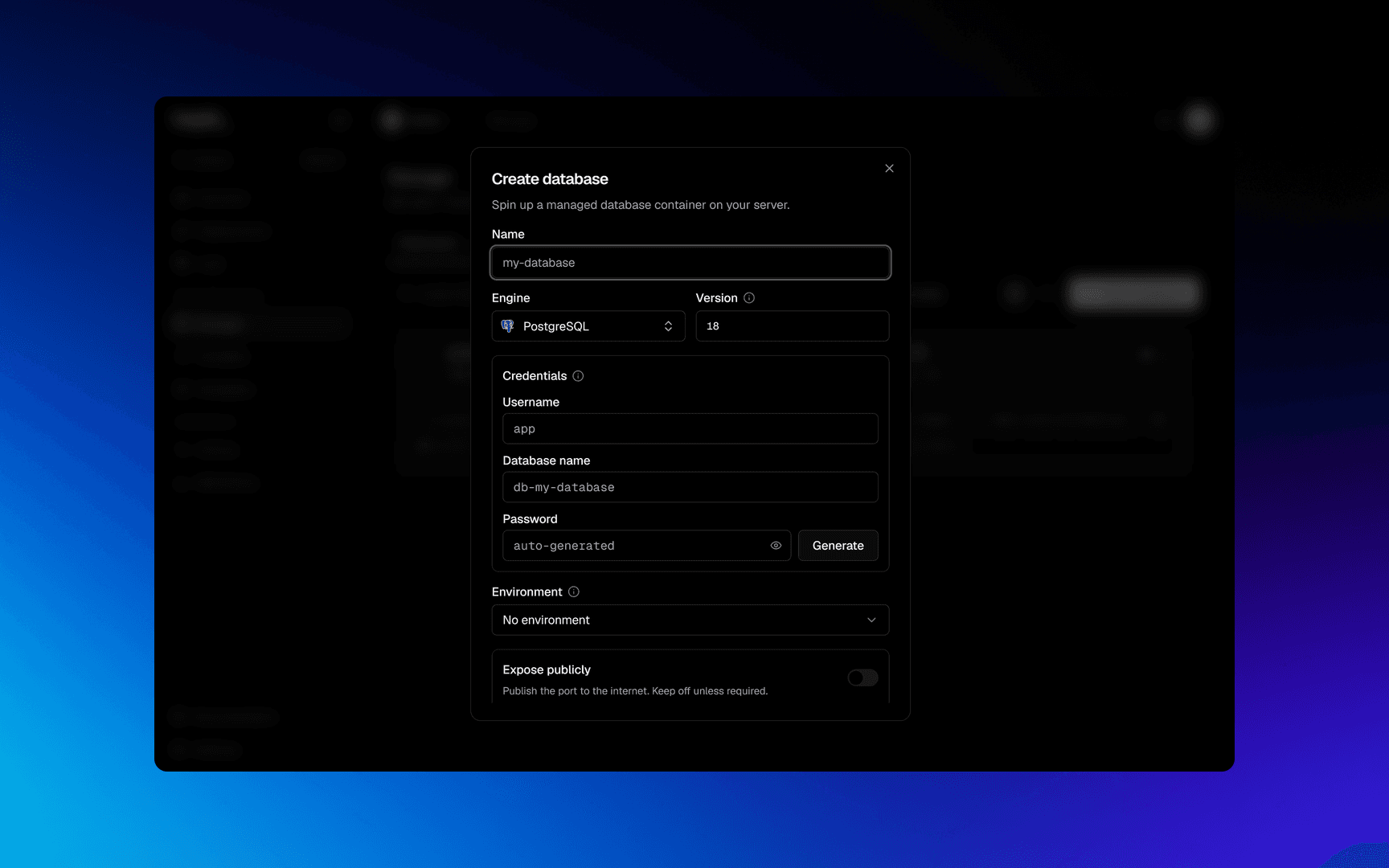 The Create database dialog: engine, version, credentials and environment
