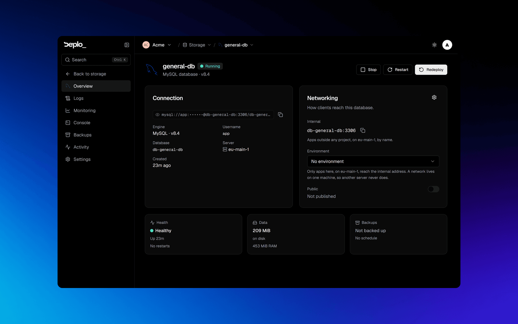 A database's overview: connection, networking, health, data and backups
