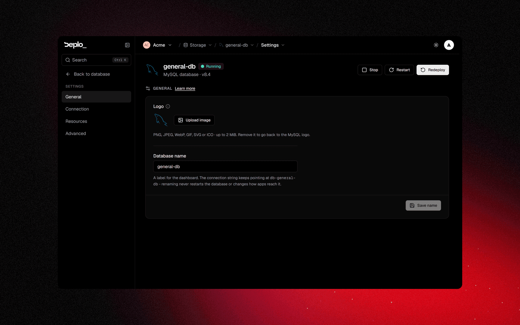 Database settings, where the dashboard label changes without touching the connection string