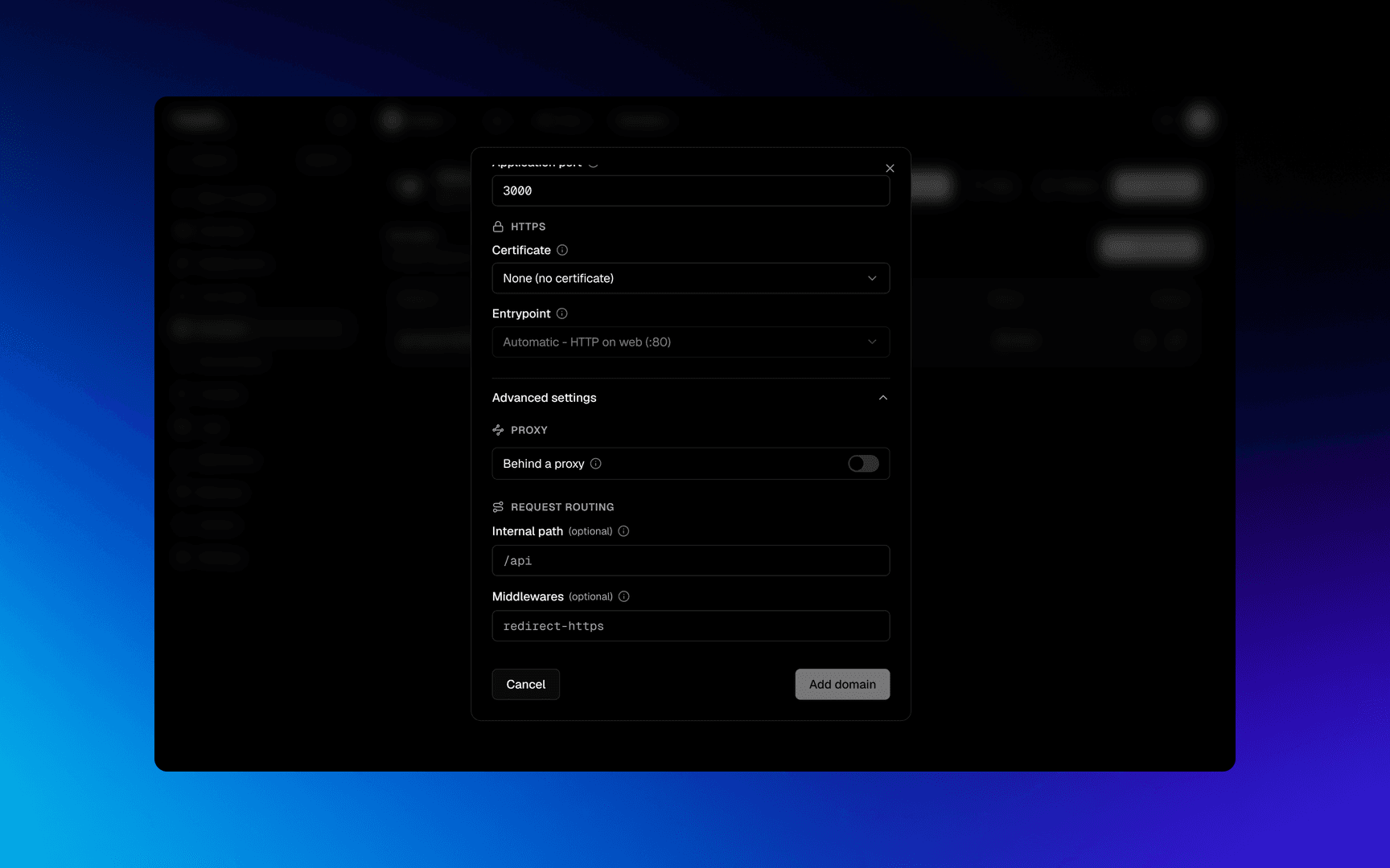 Advanced settings of the same dialog, where path routing and redirects live