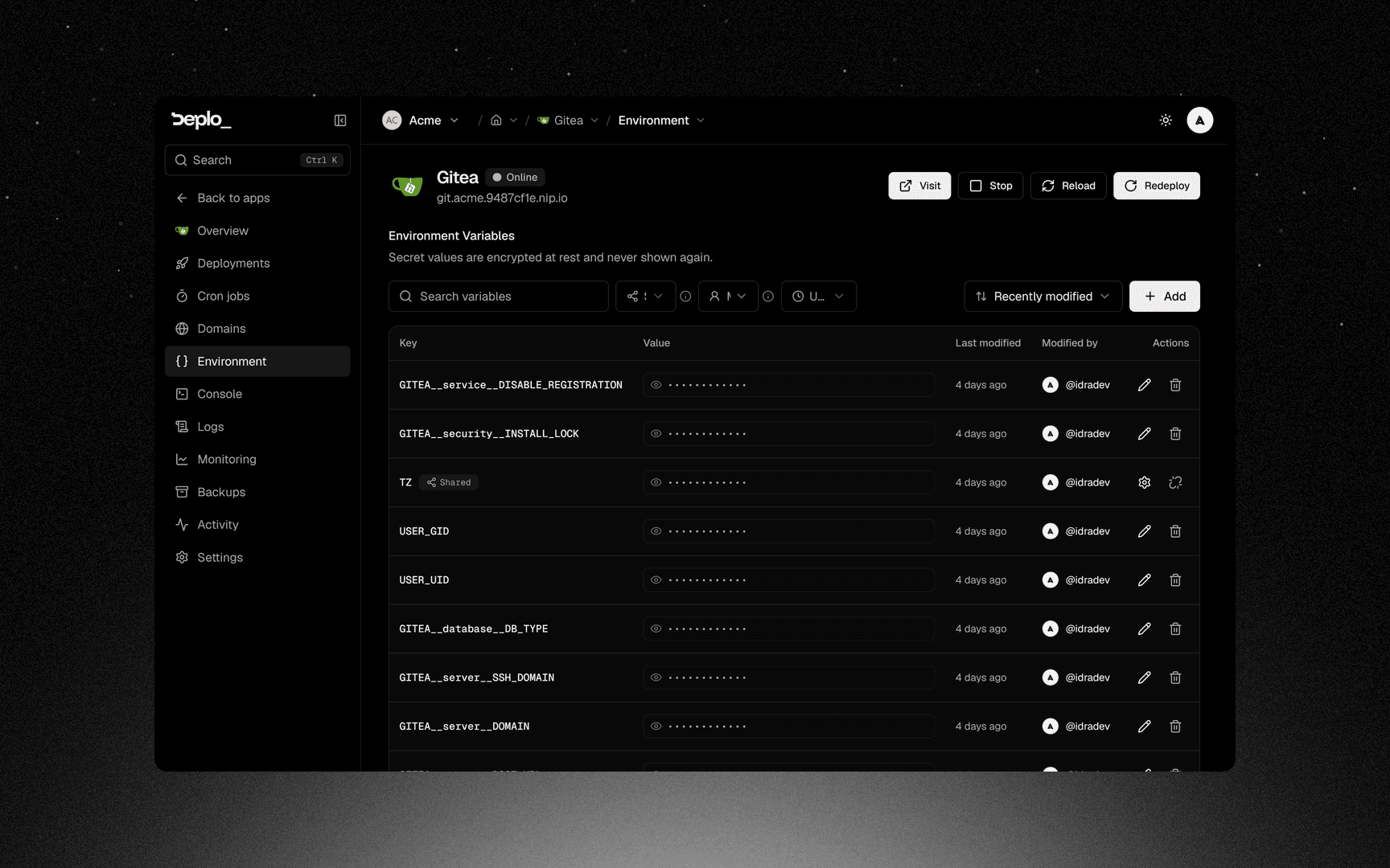 One app's Environment tab with its variables, sources and secret values