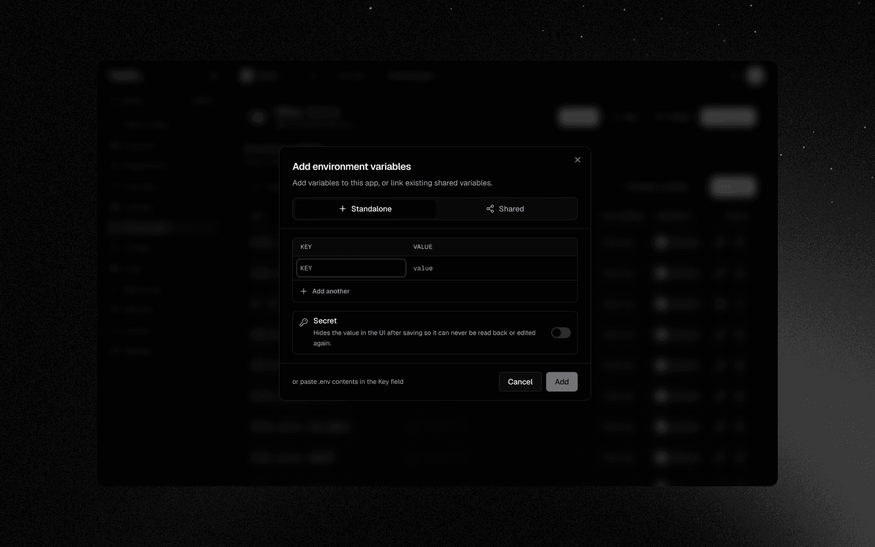 The Add environment variables dialog, key and value rows plus the Secret switch