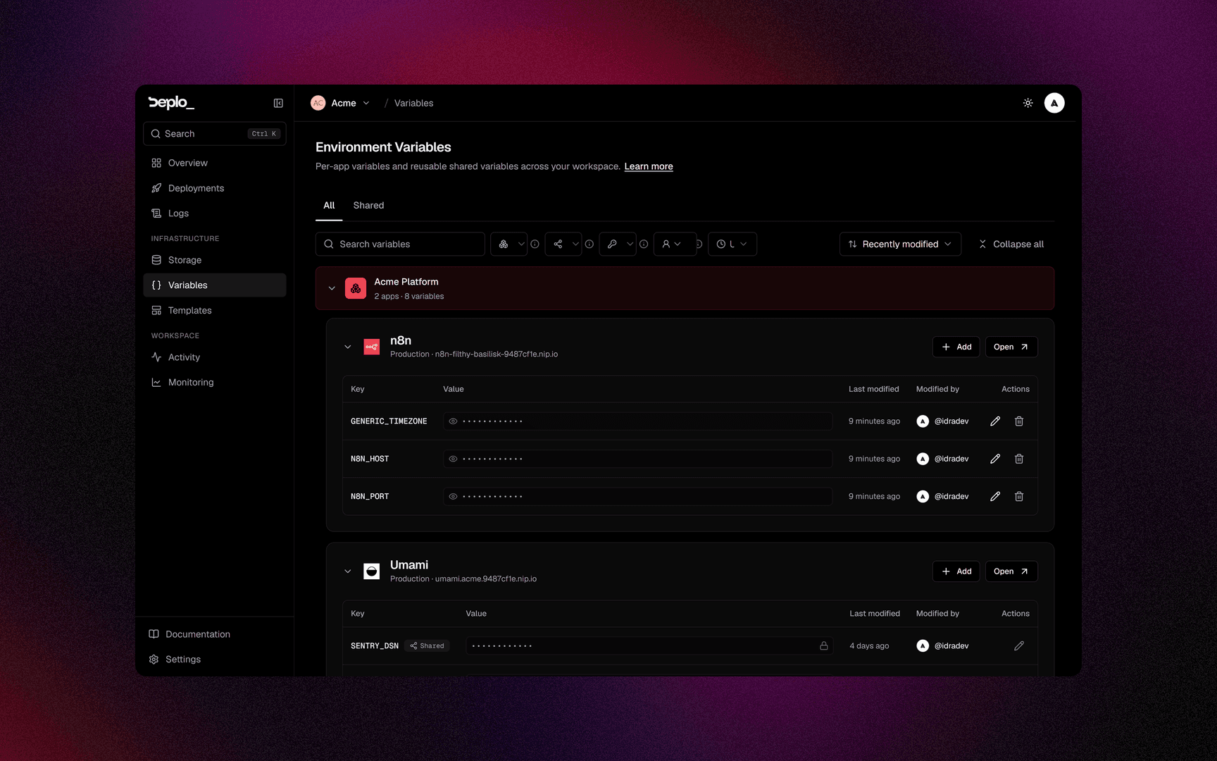 The team-wide Environment Variables page grouped by project