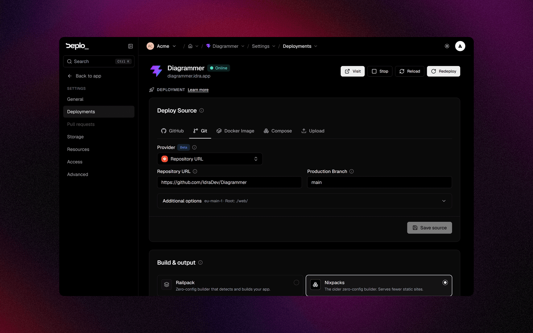 Settings -> Deployment: repository, branch and root directory of a running app