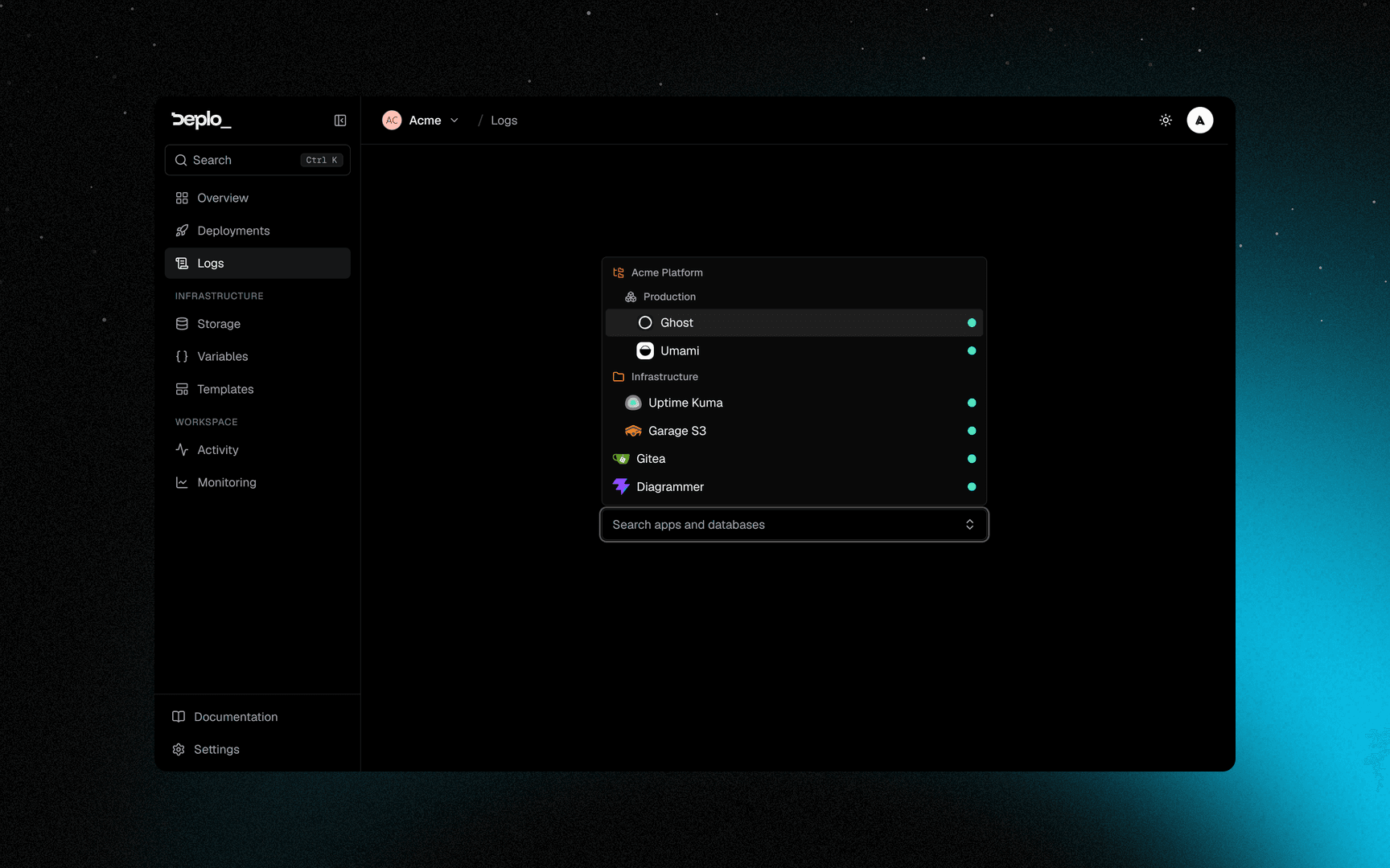 The team-wide Logs page asking which app or database to watch