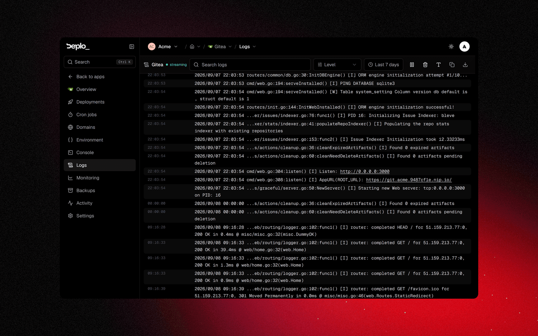 Live container output with the level, range and auto-scroll toolbar