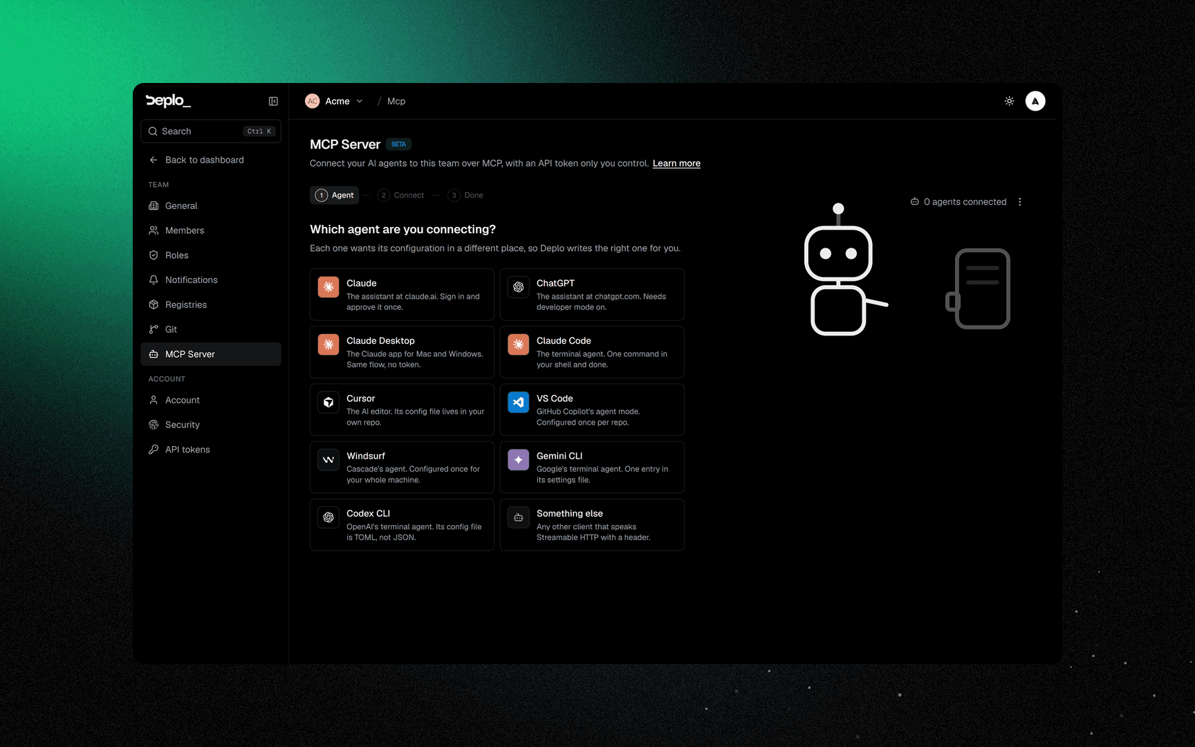 Settings -> MCP Server, step 1: pick the agent you are connecting
