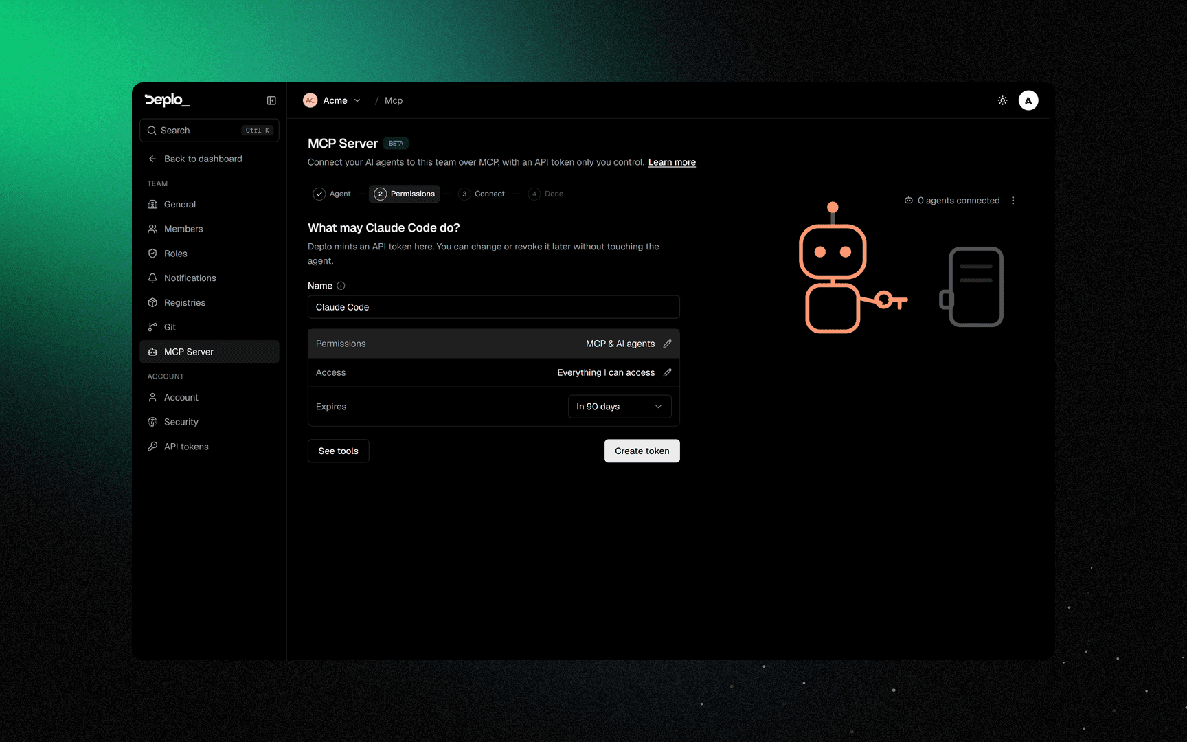 Step 2: the token Deplo creates for the agent, its permissions, scope and expiry