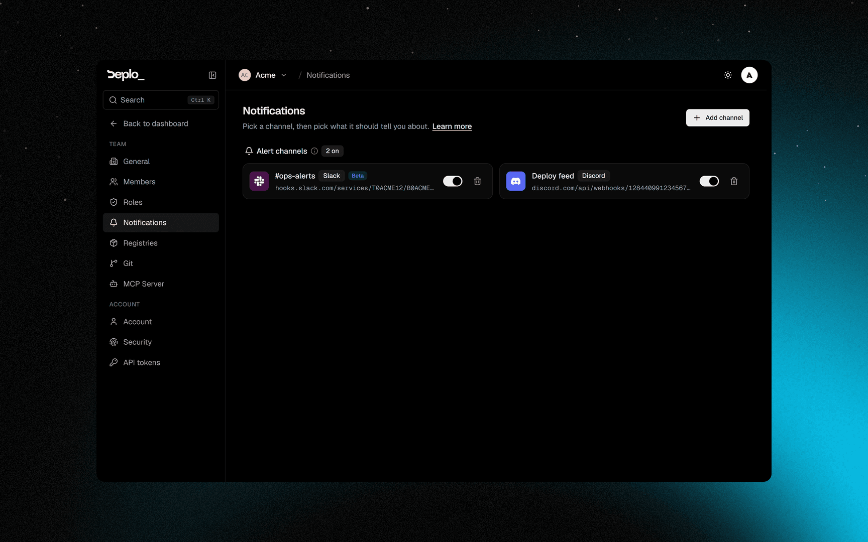 The alert channels of a team, each with its own on/off