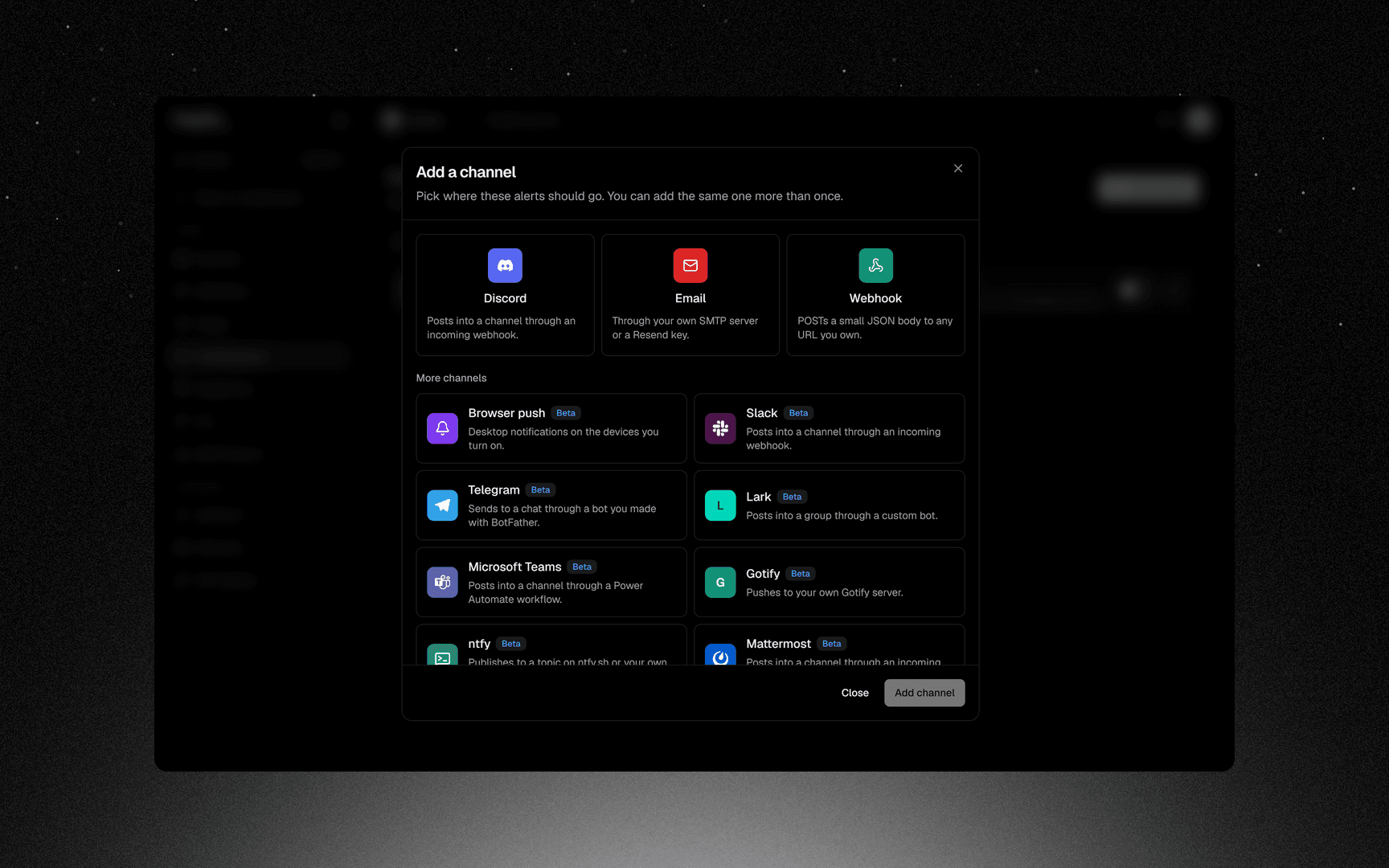 The Add a channel dialog with every channel kind