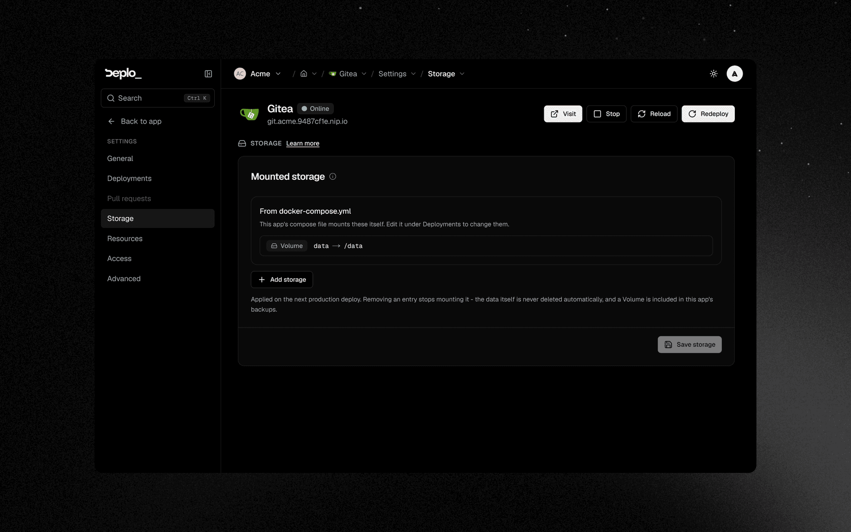 Settings -> Storage of a Compose app: the mounts its own compose file declares