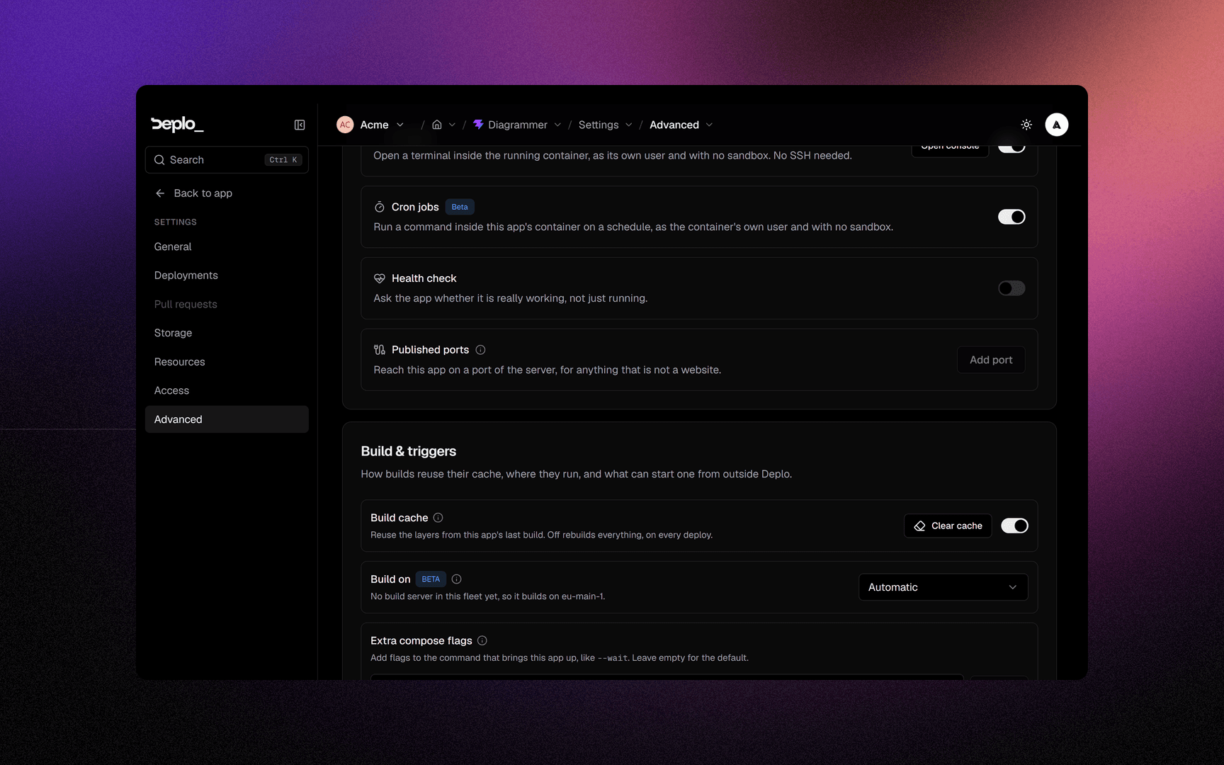 The Published ports section on Settings -> Advanced