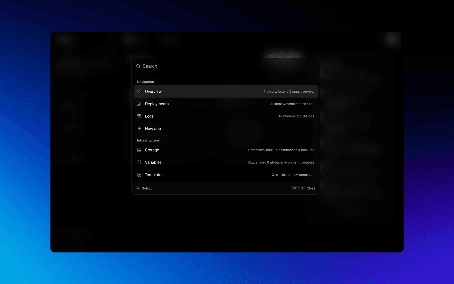 The command palette open on Ctrl K