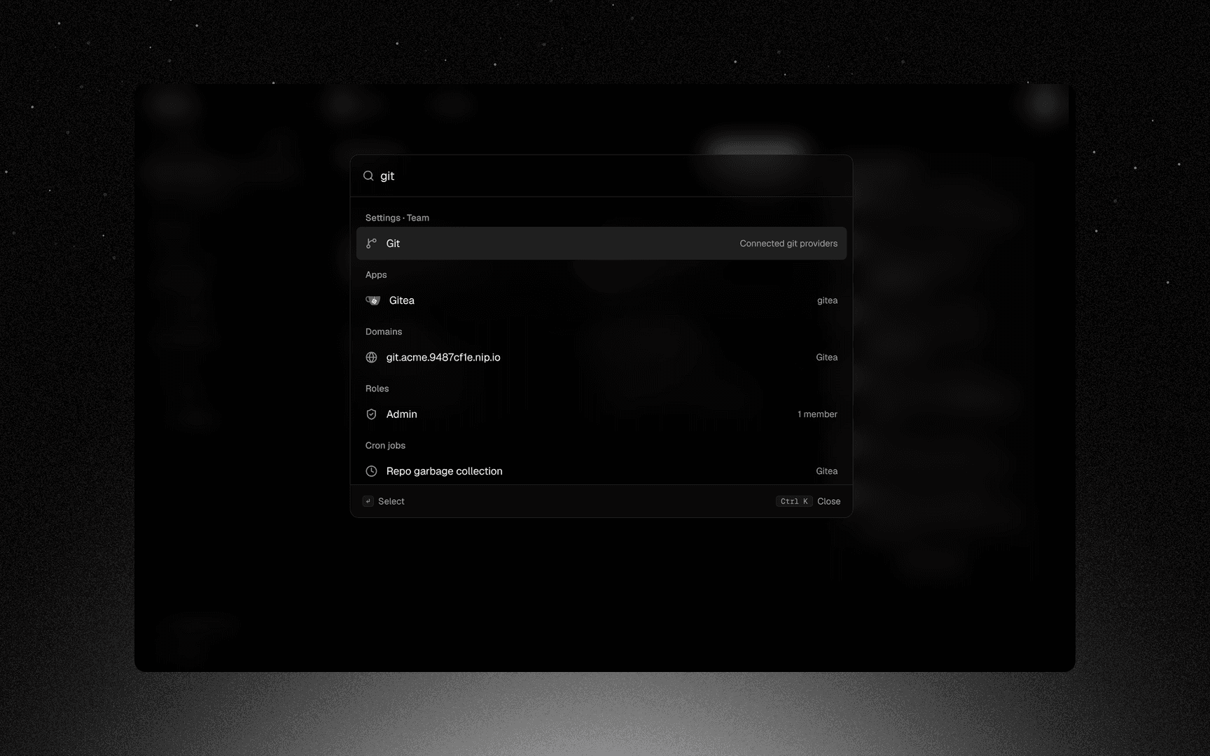 The palette filtered by a query, apps, pages and settings together