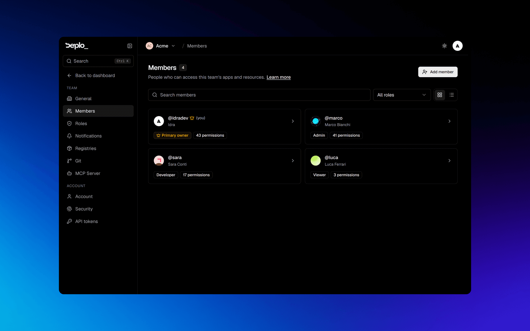 Settings -> Members: the member list with roles and permission counts
