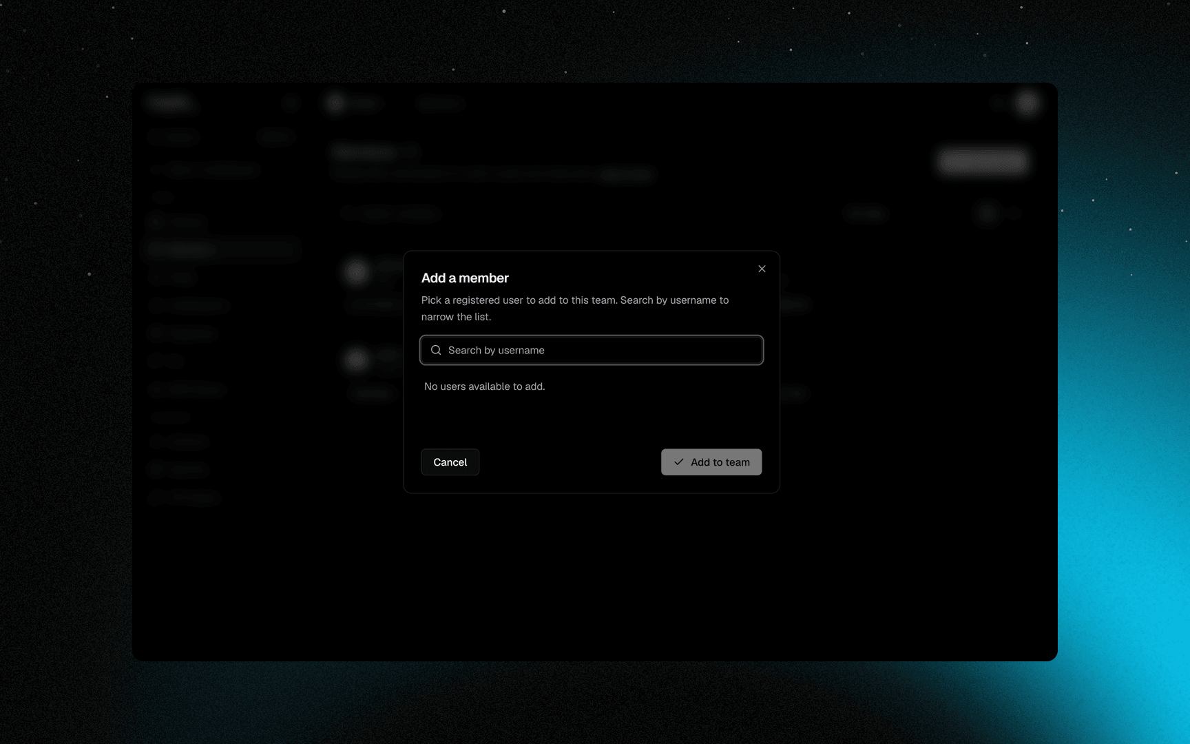 The Add a member dialog, picking a registered user by username