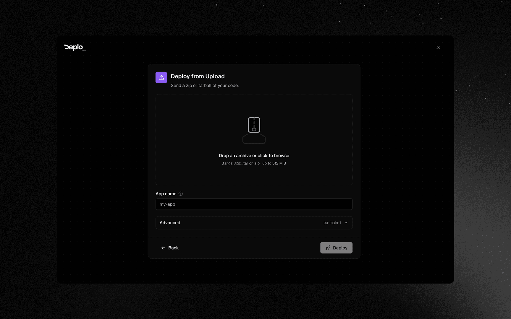 The Upload source step, where a zip or tarball is dropped