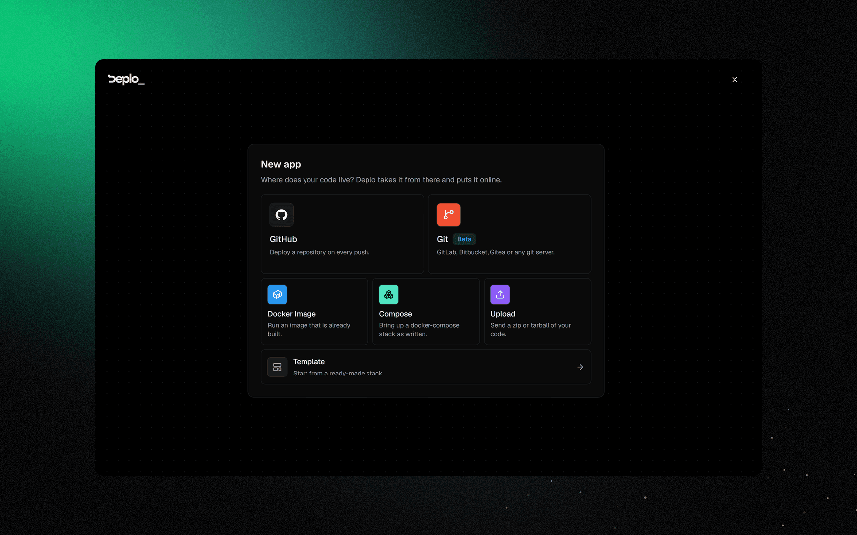The New app wizard, first step: the five sources plus Template