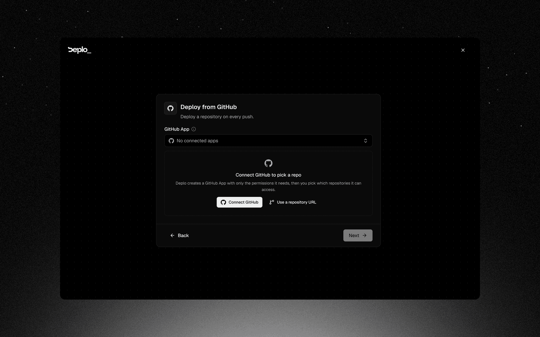 GitHub source step, the Connect GitHub call to action shown when no App is connected yet