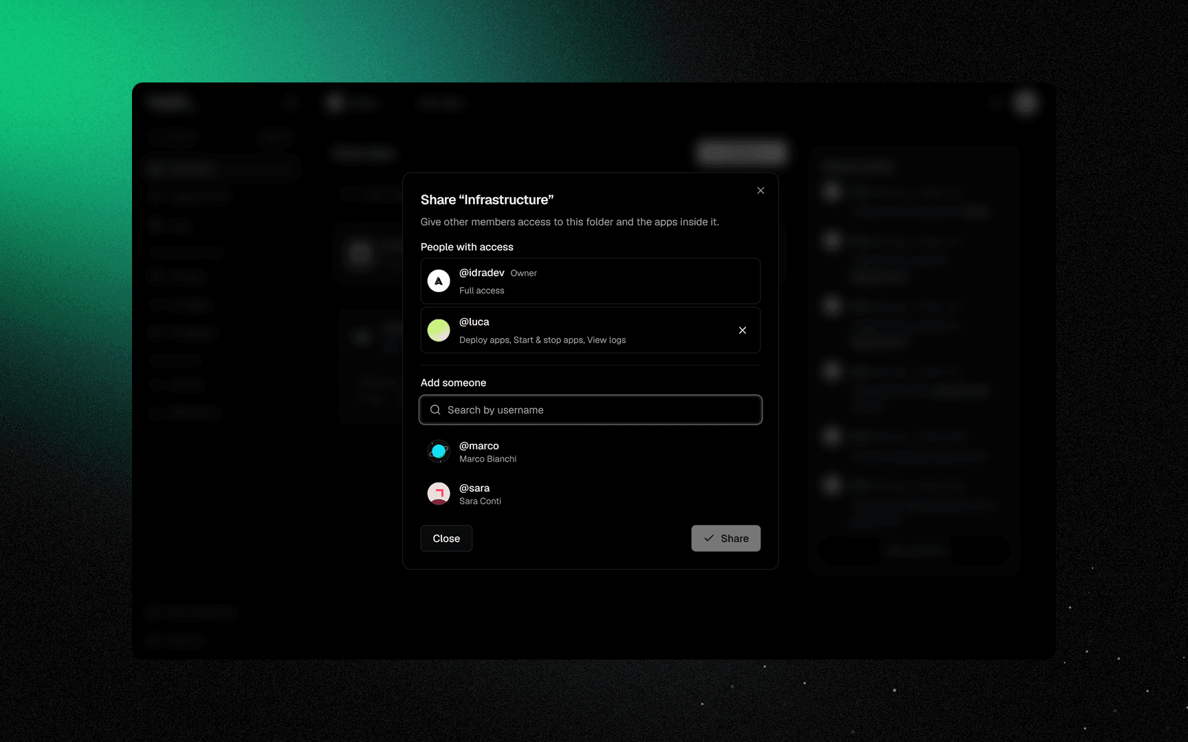 The folder share dialog: who gets the grant and what it replaces inside that folder