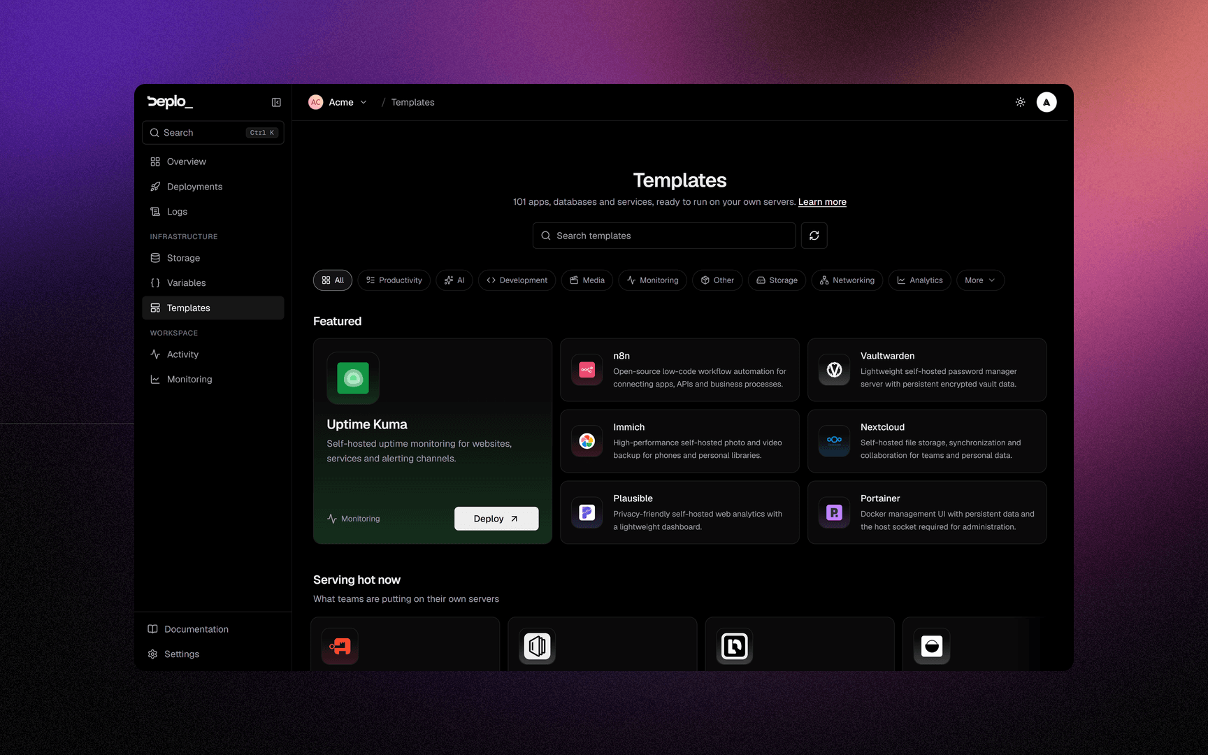 The template catalogue with its categories