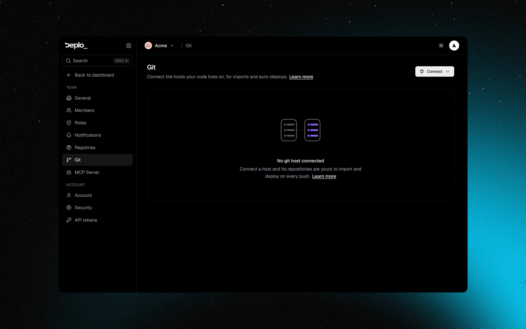 Settings -> Git with no host connected