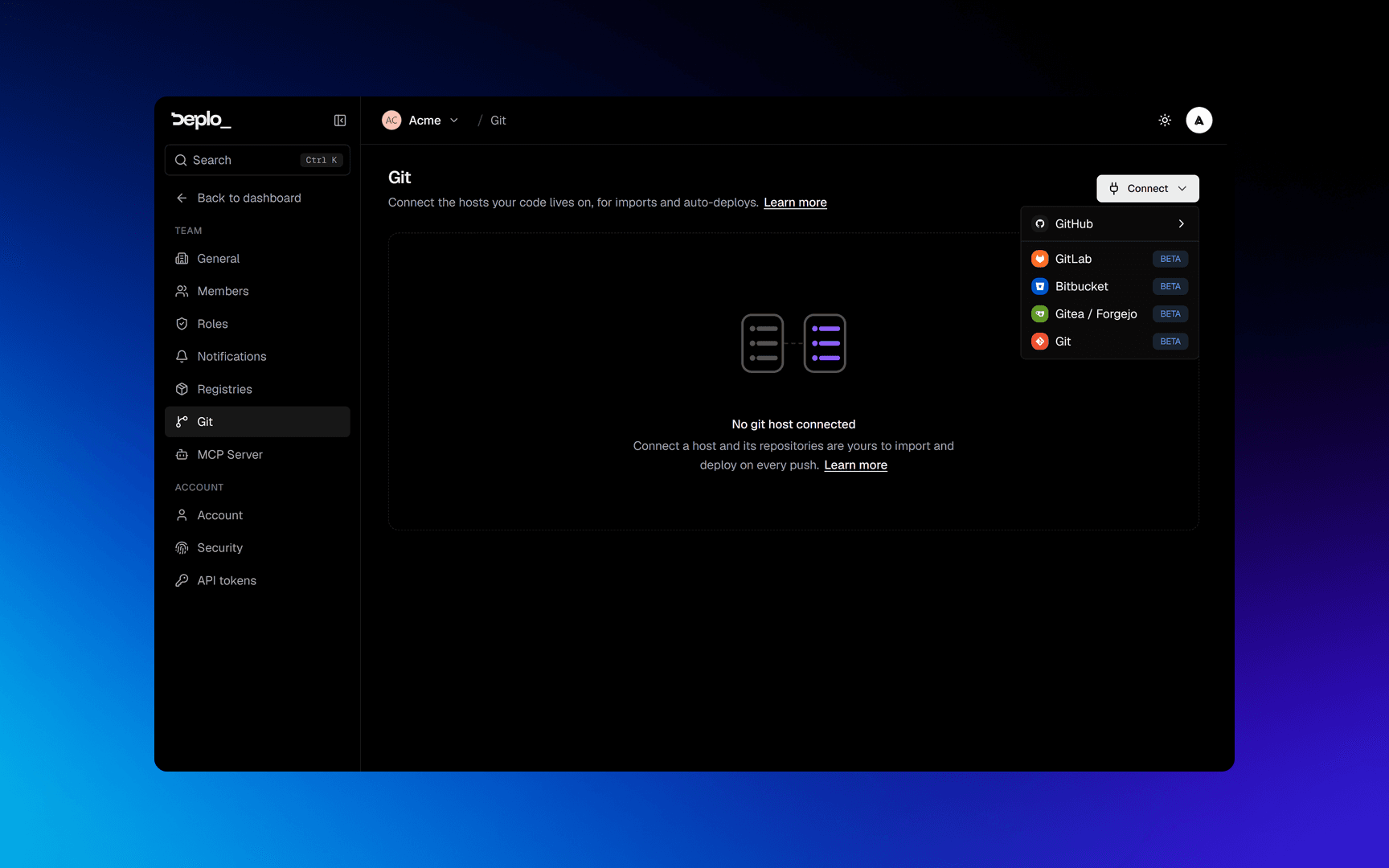 The provider menu: GitHub, GitLab, Bitbucket, Gitea and any plain git host