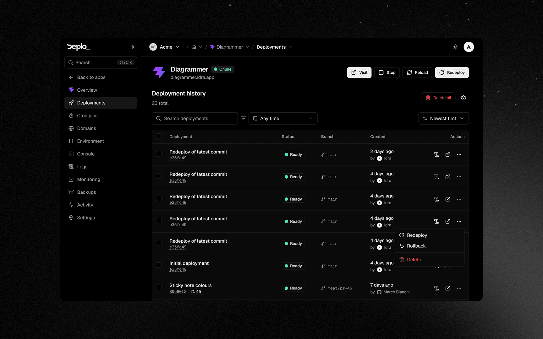 The per-deployment actions menu on an older build